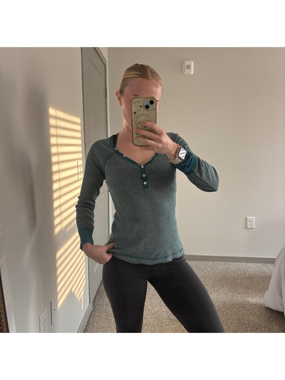 Vintage Y2K No Boundaries Striped Henley Top Teal Green Fitted Thermal M